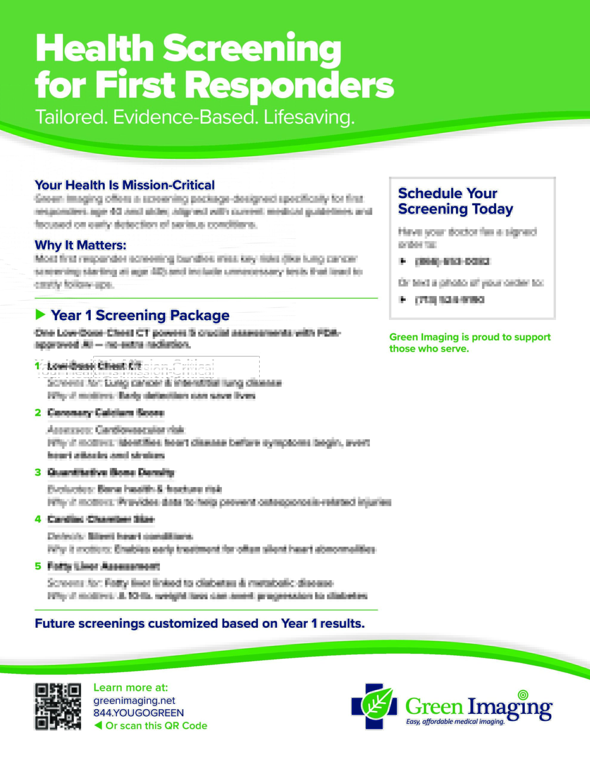 Green Imaging "Health Screening for First Responders" flyer describing a Year 1 screening package that uses one low-dose chest CT to assess lung, heart, bone, and liver health for first responders age 40+. Includes scheduling and contact details.
